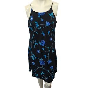 DBY Blue Floral Slip Dress Black Sleeveless Midi A-Line Vintage Y2K Womens L